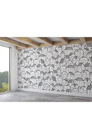 Oxyteez   Siyah Beyaz Şehir Manzarası Desenli Duvar Kağıdı-5702 5702