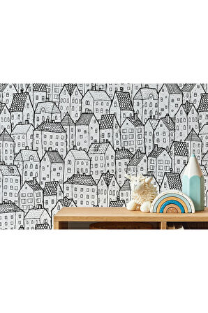 Oxyteez   Siyah Beyaz Şehir Manzarası Desenli Duvar Kağıdı-5702 5702