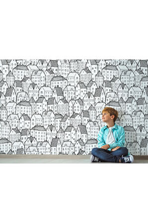 Oxyteez   Siyah Beyaz Şehir Manzarası Desenli Duvar Kağıdı-5702 5702