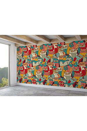 Oxyteez   Sevimli Renkli Baykuşlar Desenli Duvar Kağıdı-5710 5710