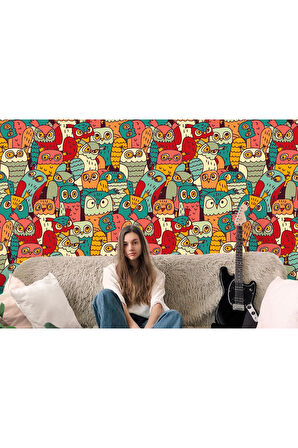 Oxyteez   Sevimli Renkli Baykuşlar Desenli Duvar Kağıdı-5710 5710