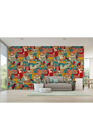 Oxyteez   Sevimli Renkli Baykuşlar Desenli Duvar Kağıdı-5710 5710