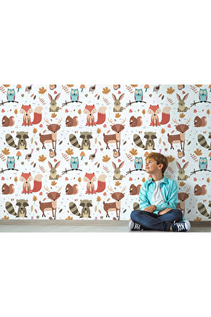 Oxyteez   Sevimli Doğa Hayvanları Temalı Öğretici Çocuk Odası Duvar Kağıdı-5726 5726