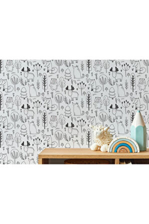 Oxyteez   Siyah Beyaz Sevimli Doğa Hayvanları Temalı Öğretici Çocuk Odası Duvar Kağıdı-5727 5727