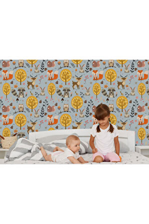 Oxyteez   Sevimli Doğa Hayvanları Temalı Öğretici Çocuk Odası Duvar Kağıdı-5728 5728