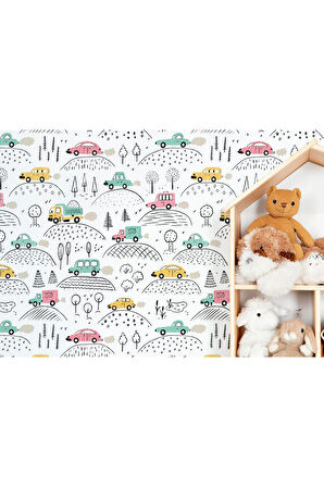Oxyteez   Renkli Arabalar Desenli Erkek Çocuk Odası Duvar Kağıdı-5743 5743