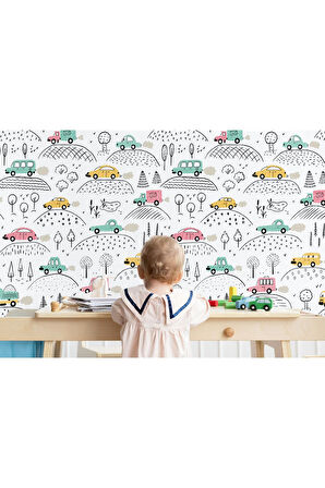 Oxyteez   Renkli Arabalar Desenli Erkek Çocuk Odası Duvar Kağıdı-5743 5743