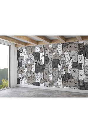 Oxyteez   Siyah Beyaz Sevimli Köpekler Desenli Öğretici Çocuk Odası Duvar Kağıdı-5746 5746