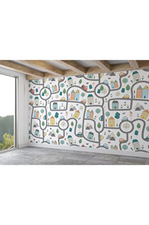 Oxyteez   Sevimli Trafik Desenli Öğretici Çocuk Odası Duvar Kağıdı-5750 5750