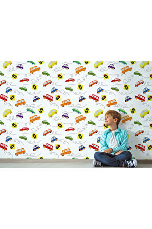 Oxyteez   Renkli Arabalar Desenli Erkek Çocuk Odası Duvar Kağıdı-5751 5751