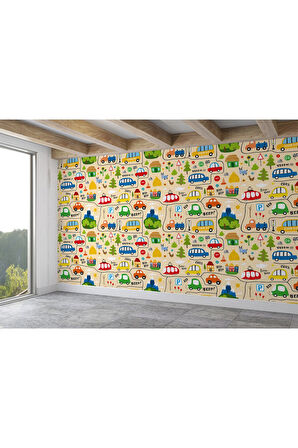 Oxyteez   Sevimli Trafik Desenli Öğretici Çocuk Odası Duvar Kağıdı-5757 5757
