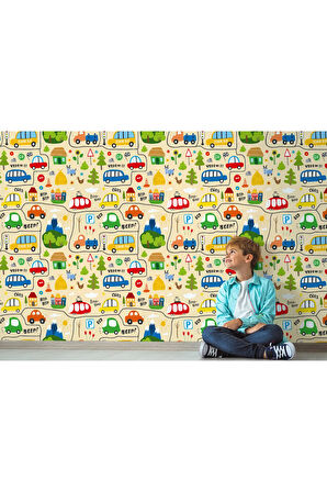 Oxyteez   Sevimli Trafik Desenli Öğretici Çocuk Odası Duvar Kağıdı-5757 5757
