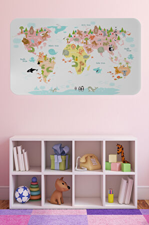 Eğitici Dünya Haritası Dünya Atlası Çocuk ve Bebek Kız Çocuğu Odası Duvar Sticker-60x105-3777
