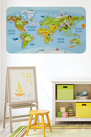 Eğitici Dünya Haritası Dünya Atlası Çocuk ve Bebek Odası Duvar Sticker-85x130-3778