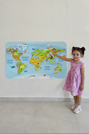 Eğitici Dünya Haritası Dünya Atlası Çocuk ve Bebek Odası Duvar Sticker-60x105-3778