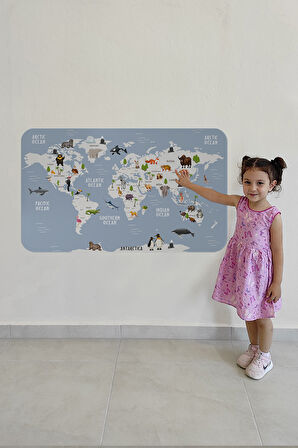Eğitici Dünya Haritası Dünya Atlası Çocuk ve Bebek Odası Duvar Sticker-85x130-3789