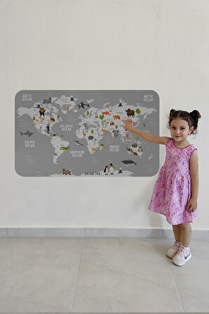 Eğitici Dünya Haritası Dünya Atlası Çocuk ve Bebek Odası Duvar Sticker-60x105-3794