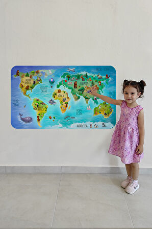 Eğitici Dünya Haritası Dünya Atlası Çocuk ve Bebek Odası Duvar Sticker -60x105-3800