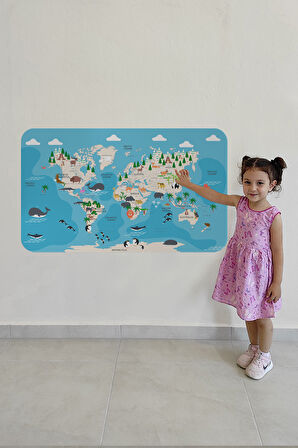 Eğitici Dünya Haritası Dünya Atlası Çocuk ve Bebek Odası Duvar Sticker -60x105-3802