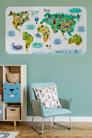 Eğitici Dünya Haritası Dünya Atlası Çocuk ve Bebek Odası Duvar Sticker-85x130-3807