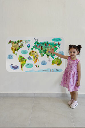 Eğitici Dünya Haritası Dünya Atlası Çocuk ve Bebek Odası Duvar Sticker-85x130-3807