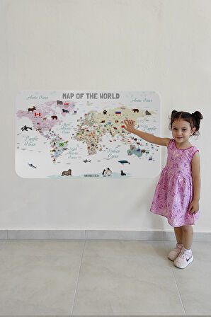 Eğitici ve Bayraklı Dünya Haritası Dünya Atlası Çocuk ve Bebek Odası Duvar Sticker -60x105-3813