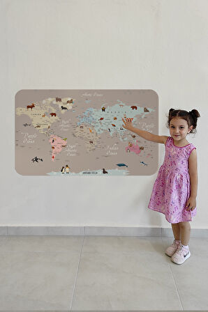 Eğitici Dünya Haritası Dünya Atlası Çocuk ve Bebek Odası Duvar Sticker -60x105-3817
