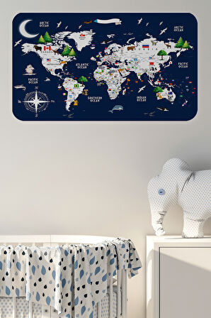Eğitici ve Bayraklı Dünya Haritası Dünya Atlası Çocuk ve Bebek Odası Duvar Sticker-85x130-3819