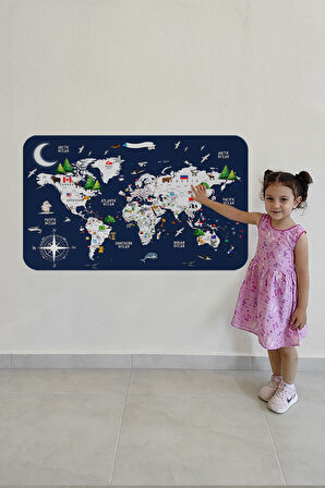 Eğitici ve Bayraklı Dünya Haritası Dünya Atlası Çocuk ve Bebek Odası Duvar Sticker-85x130-3819