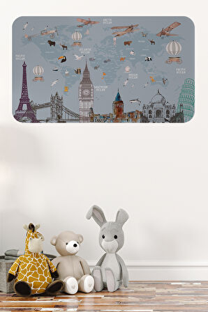 Eğitici Dünya Haritası Dünya Atlası Çocuk ve Bebek Odası Duvar Sticker-85x130-3820