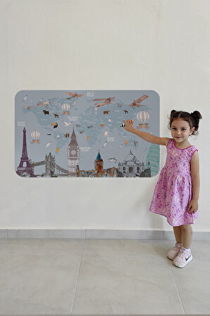 Eğitici Dünya Haritası Dünya Atlası Çocuk ve Bebek Odası Duvar Sticker-85x130-3820
