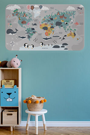 Eğitici Dünya Haritası Dünya Atlası Çocuk ve Bebek Odası Duvar Sticker-85x130-3821