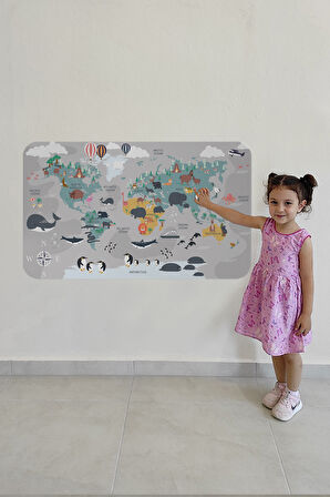 Eğitici Dünya Haritası Dünya Atlası Çocuk ve Bebek Odası Duvar Sticker-85x130-3821