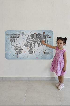 Ülke Adlı Eğitici Dünya Haritası Dünya Atlası Çocuk ve Bebek Odası Duvar Sticker-85x130-3823