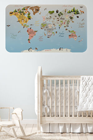 Eğitici Dünya Haritası Dünya Atlası Çocuk ve Bebek Odası Duvar Sticker -60x105-3824