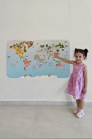 Eğitici Dünya Haritası Dünya Atlası Çocuk ve Bebek Odası Duvar Sticker -60x105-3824