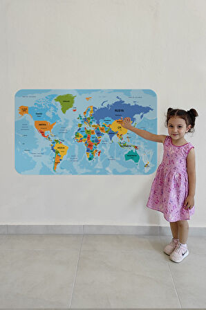 Türkçe Eğitici Ülke ve Başkent Detaylı Atlası Dünya Haritası Duvar Sticker -60x105-3831