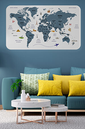 Türkçe Eğitici Ülke ve Başkent Detaylı Atlası Dünya Haritası Duvar Sticker-85x130-3832