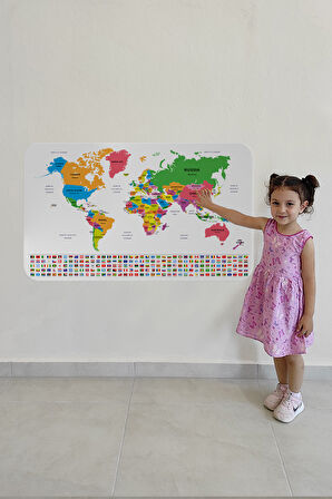 Ülke Bayrak lı Eğitici Başkent Detaylı Atlası Dünya Haritası Duvar Sticker-85x130-3833