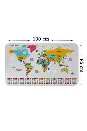 Türkçe Ülke Bayrak lı Eğitici Başkent Detaylı Atlası Dünya Haritası Duvar Sticker-85x130-3834
