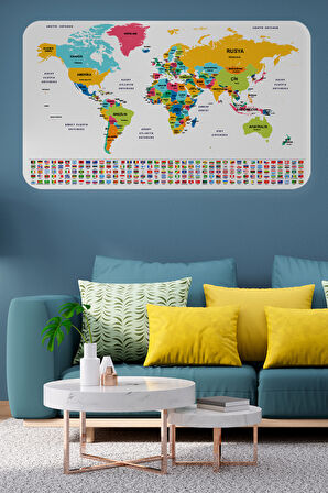 Türkçe Ülke Bayrak lı Eğitici Başkent Detaylı Atlası Dünya Haritası Duvar Sticker-85x130-3834