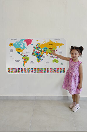 Türkçe Ülke Bayrak lı Eğitici Başkent Detaylı Atlası Dünya Haritası Duvar Sticker -60x105-3834