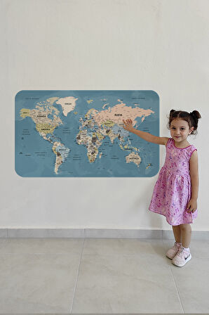Türkçe Eğitici Ülke ve Başkent Okyanus Detaylı Atlası Dünya Haritası Duvar Sticker-85x130-3836