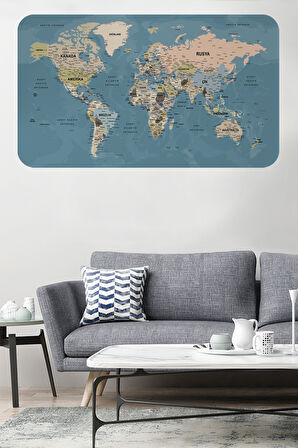 Türkçe Eğitici Ülke ve Başkent Okyanus Detaylı Atlası  Dünya Haritası Duvar Sticker -60x105-3836