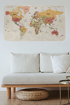 Türkçe Eğitici Ülke ve Başkent Okyanus Detaylı Atlası Dünya Haritası Duvar Sticker-85x130-3837