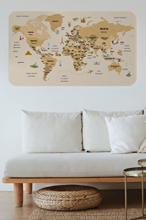 Türkçe Eğitici Ülke ve Başkent Detaylı Atlası Dünya Haritası Duvar Sticker-85x130-3839