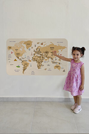 Türkçe Eğitici Ülke ve Başkent Detaylı Atlası Dünya Haritası Duvar Sticker-85x130-3839
