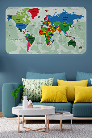 Türkçe Eğitici Ülke ve Başkent Okyanus Detaylı Atlası Dünya Haritası Duvar Sticker-85x130-3840
