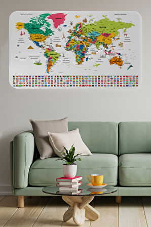 Türkçe Ülke Bayrak lı Eğitici Başkent Detaylı Atlası Dünya Haritası Duvar Sticker -60x105-3841