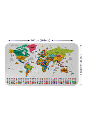 Türkçe Ülke Bayrak lı Eğitici Başkent Detaylı Atlası Dünya Haritası Duvar Sticker -60x105-3841